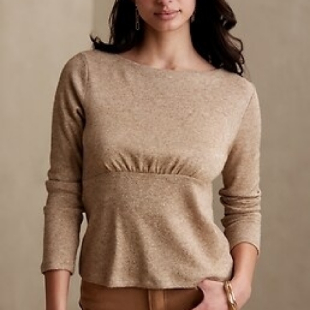 BANANA REPUBLIC | Dressy Tan Gold Glitter Shimmer Holiday Party Knit Sweater | L